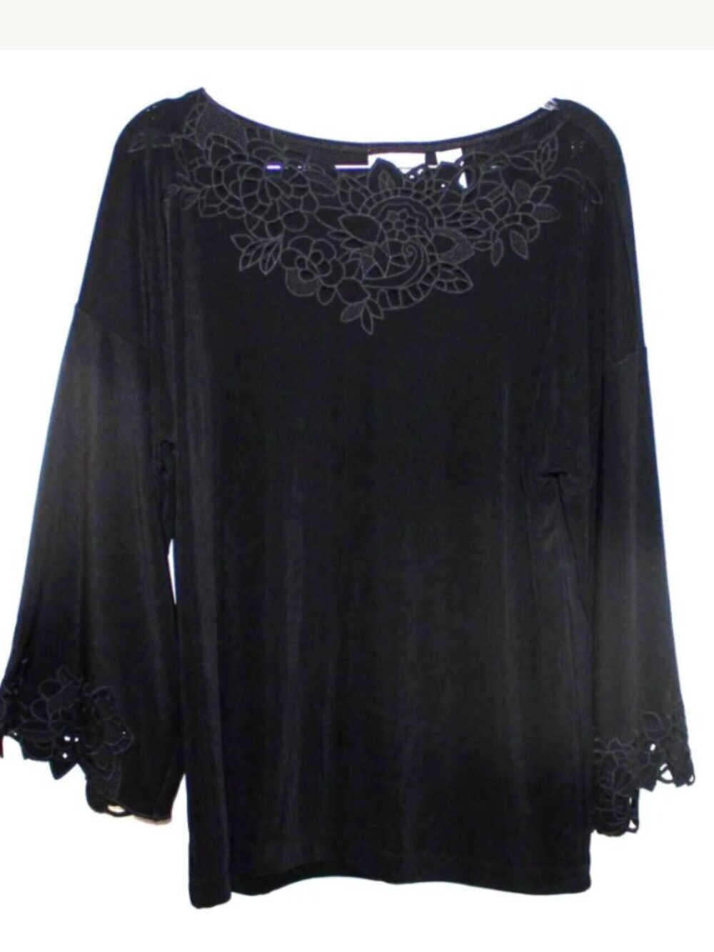 Vintage Y2K Chico's Travelers Black Lace Neck Bell Sleeve Top Size 1 Medium